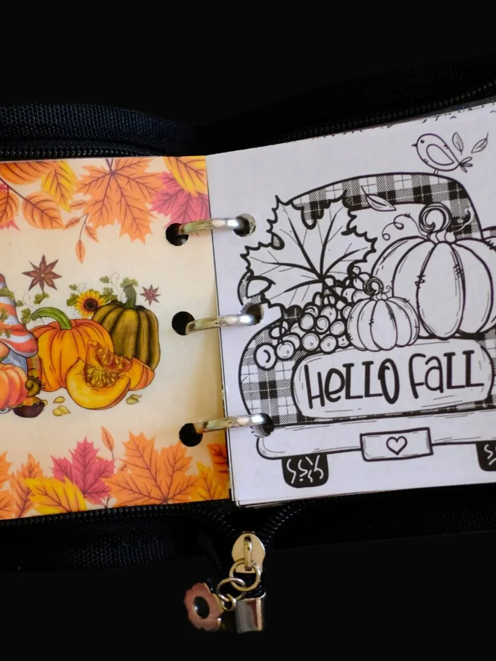 Mini Coloring Book & Pencil Set, Fall Season, Handmade, 3 ring binder, zipper
